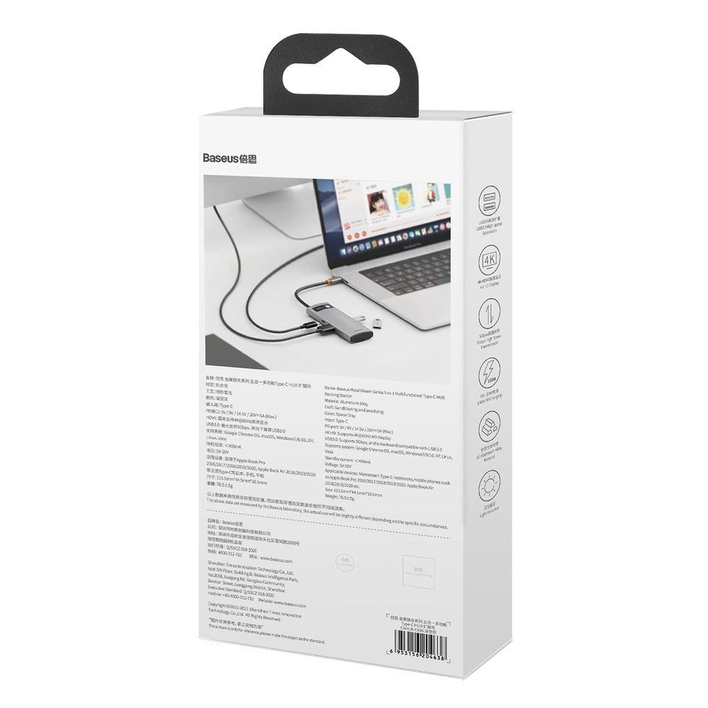 Baseus Metal Gleam Series 5-i-1 multifunktionelle HUB USB Type C - USB Type C Power Delivery 100 W / HDMI 4K 30 Hz / 3x USB 3.2 Gen 1 (CAHUB-CX0G)
