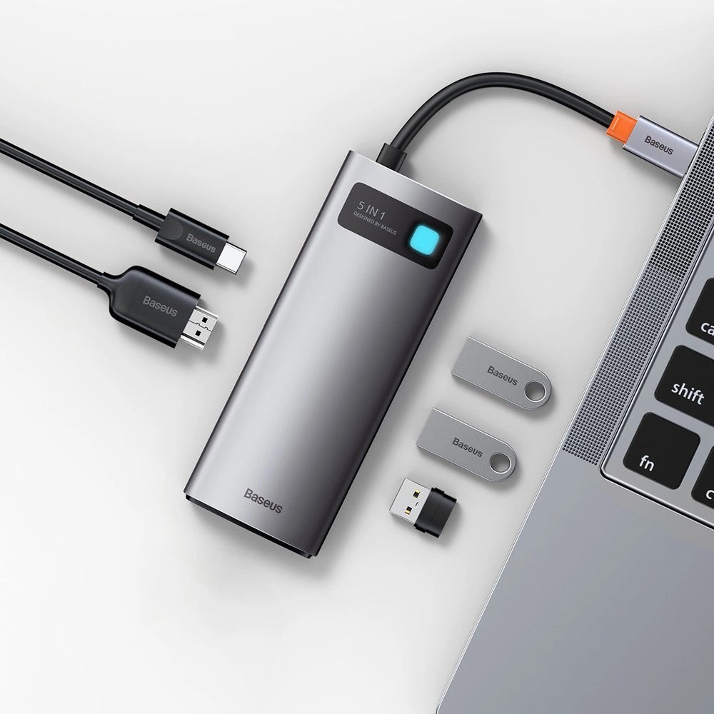 Baseus Metal Gleam Series 5-i-1 multifunktionelle HUB USB Type C - USB Type C Power Delivery 100 W / HDMI 4K 30 Hz / 3x USB 3.2 Gen 1 (CAHUB-CX0G)