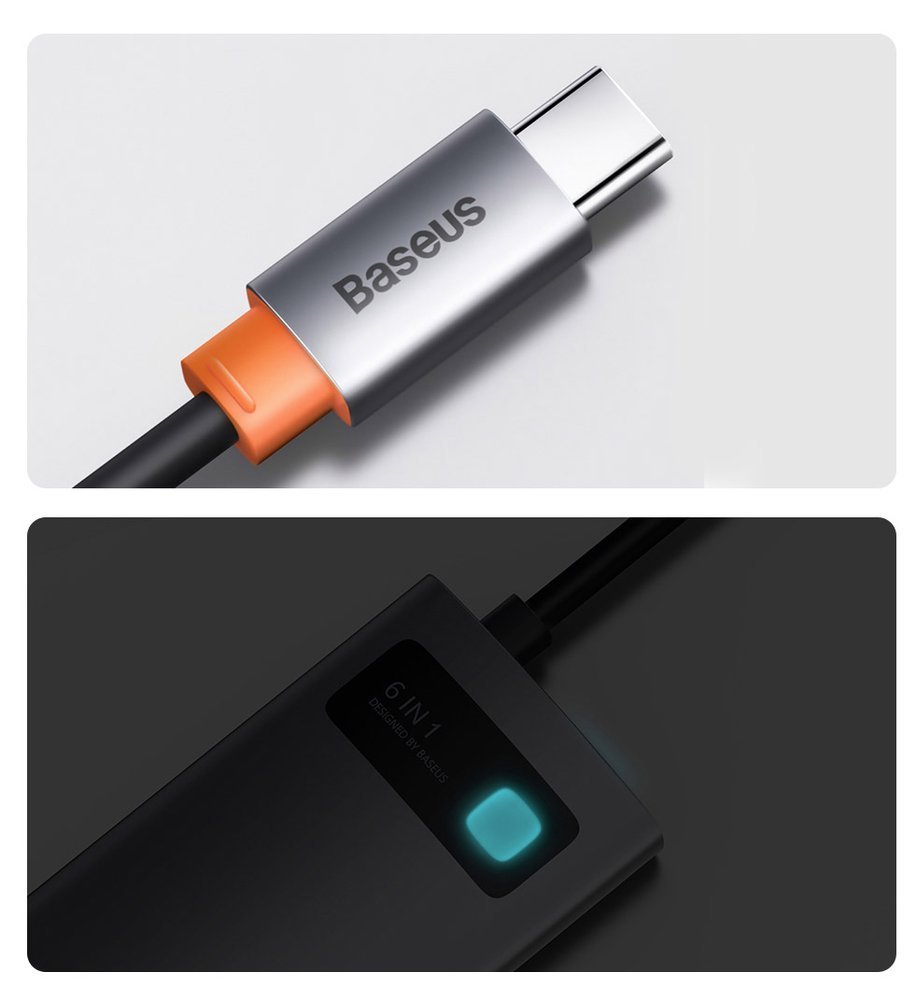 Baseus Metal Gleam 6-in-1 USB-C - USB-C PD 100W HUB 1x HDMI 4K 30Hz 3x USB-A 3.2 1x RJ45 - gray