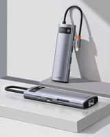 Baseus Metal Gleam 8in1 USB-C - USB-C PD 100W HUB 1x HDMI 4K 30Hz 1x SD og microSD kortlæser 3x USB-A 3.2 1xRJ45 - grå