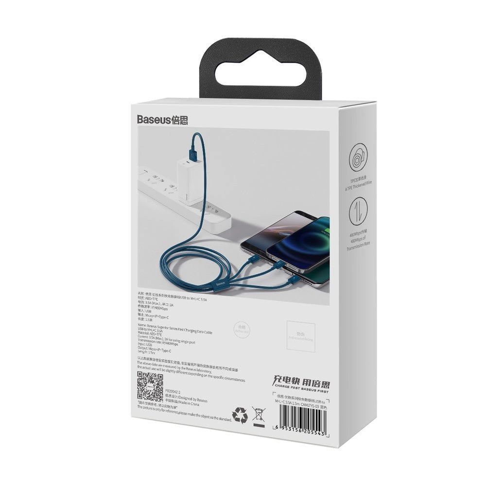 Baseus Superior 3in1 USB-kabel - Lightning / USB Type C / micro USB 3.5 A 1,5 m blå (CAMLTYS-03)