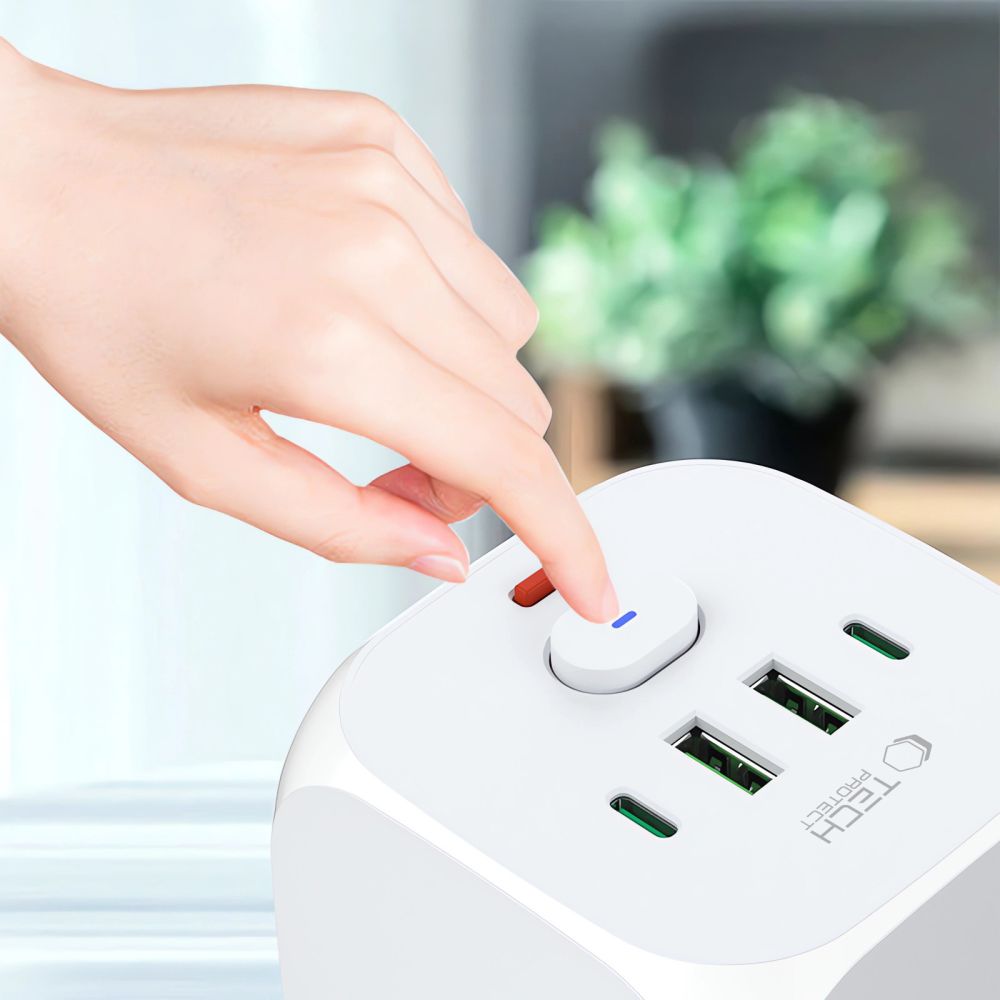 Tech Protect Pcl3 X4 Strømstikkontakt 2 Usb & 2 Type C & 3 Stikkontakt Hvid