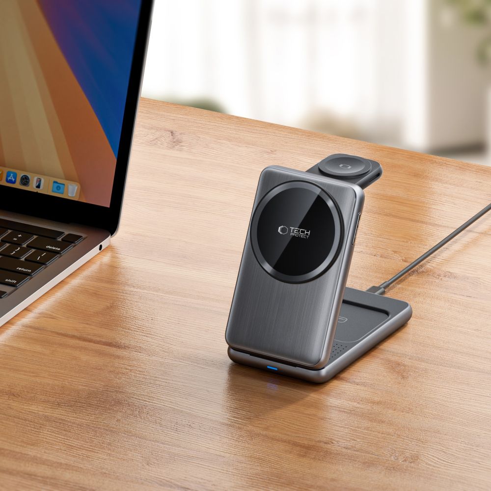 Tech Protect Qi15 W A42 3 I 1 Magnetisk Magsafe Trådløs Oplader Space Grey