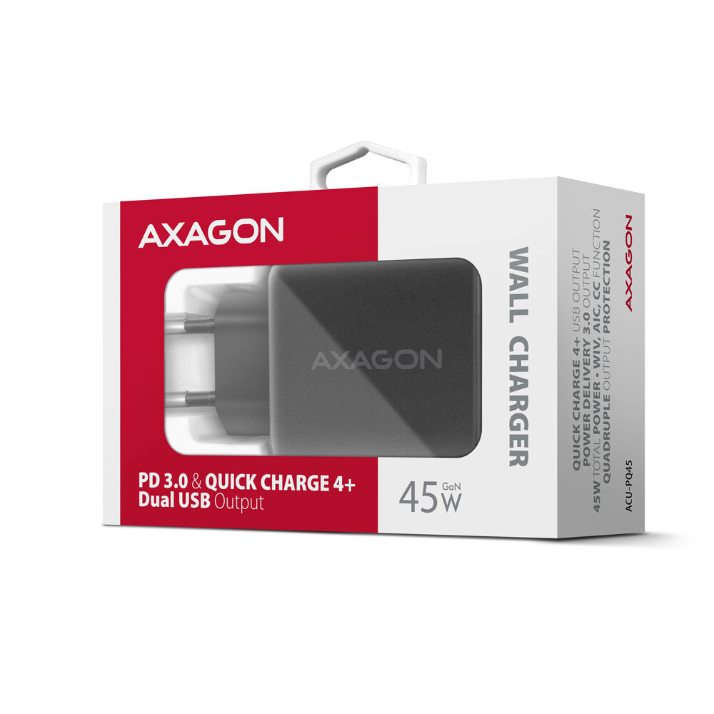 Axagon ACU-PQ45 QC 3.0, 4.0/AFC/FCP/PPS/PD, 45W, schwarz - Netzladegerät mit USB-A und USB-C Schnittstelle Mobiltelefon, Smartphone, SmartWatch, Tablet, Universel Sort Vekselstrøm Hurtig opladning Indendørs