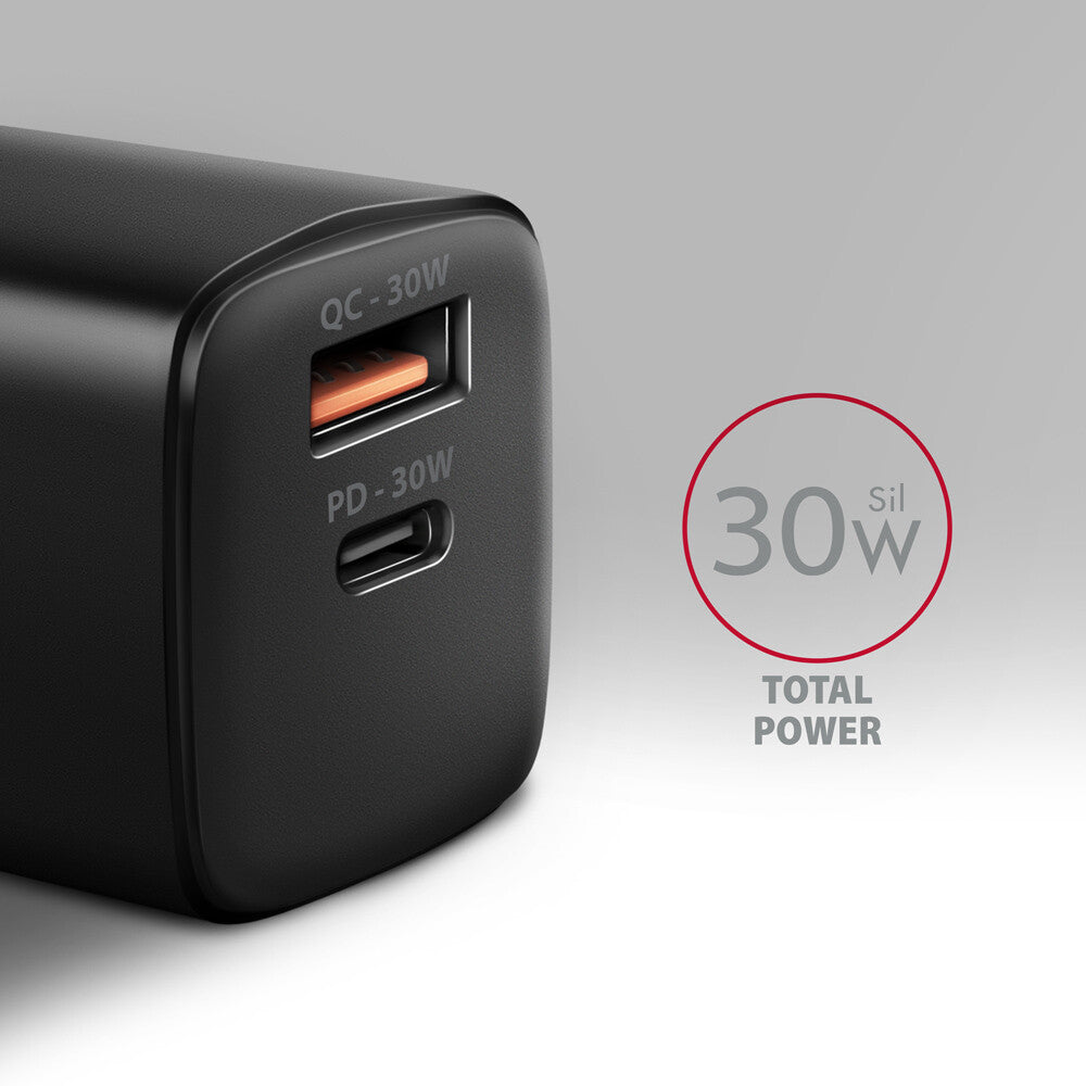 Axagon ACU-PQ30 Ladegerät QC3.0, 4.0/AFC/FCP/PPS/Apple+ PD USB-C, 30W - schwarz - Kompaktes Ladegerät - 1x USB-C und 1x USB-A Mobiltelefon, Smartphone, SmartWatch, Tablet, Universel Sort Vekselstrøm Hurtig opladning Indendørs
