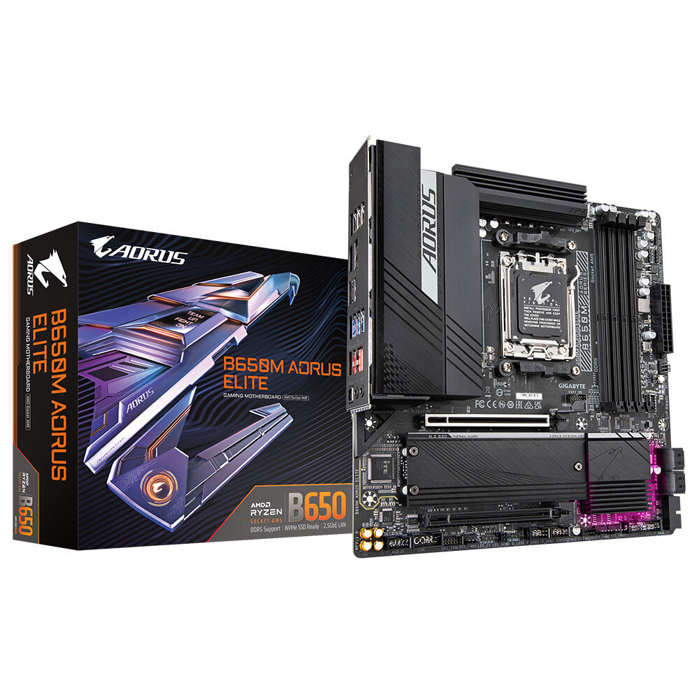GIGABYTE B650M AORUS ELITE Motherboard - AMD Ryzen 9000 CPUs, 12+2+2 Phases VRM, up to 8000MHz DDR5, 1xPCIe 5.0 + 1xPCIe 4.0 M.2, 2.5GbE LAN, USB 3.2 Gen 2x2