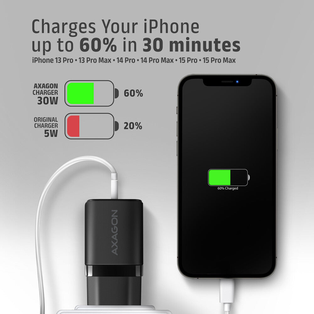 Axagon ACU-PQ30 Ladegerät QC3.0, 4.0/AFC/FCP/PPS/Apple+ PD USB-C, 30W - schwarz - Kompaktes Ladegerät - 1x USB-C und 1x USB-A Mobiltelefon, Smartphone, SmartWatch, Tablet, Universel Sort Vekselstrøm Hurtig opladning Indendørs