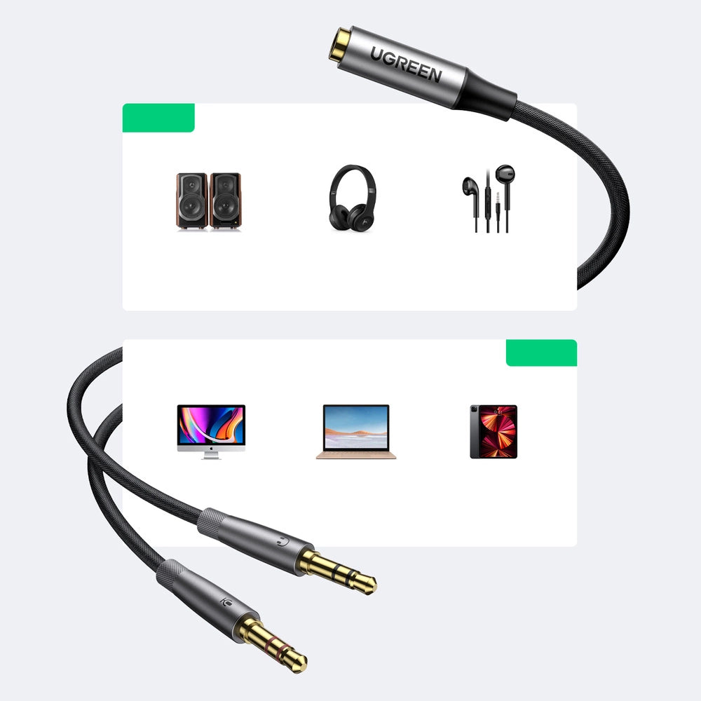 Ugreen AUX splitterkablet 3,5 mm mini jack (kvinde) - 2x 3,5 mm mini jack (mand - mikrofon og hovedtelefoner) sølv (AV193 50255)
