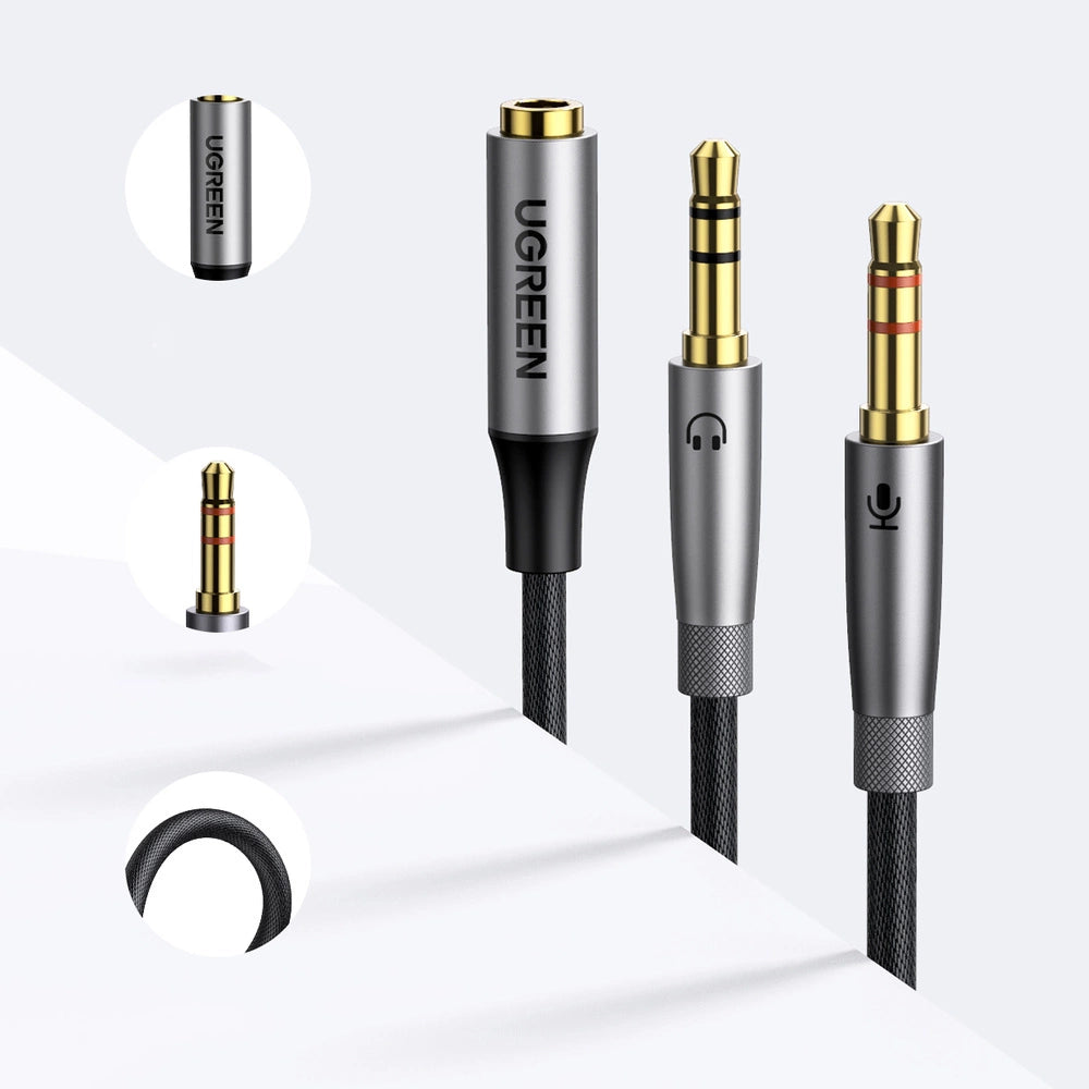 Ugreen AUX splitterkablet 3,5 mm mini jack (kvinde) - 2x 3,5 mm mini jack (mand - mikrofon og hovedtelefoner) sølv (AV193 50255)
