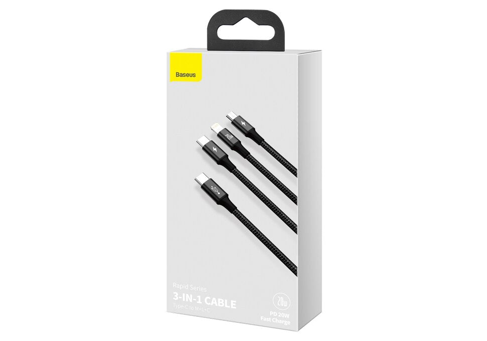 Baseus Rapid Series 3in1 Fast Charging Cable USB-C - USB-C/Lightning/MicroUSB 20W 1.5m Black