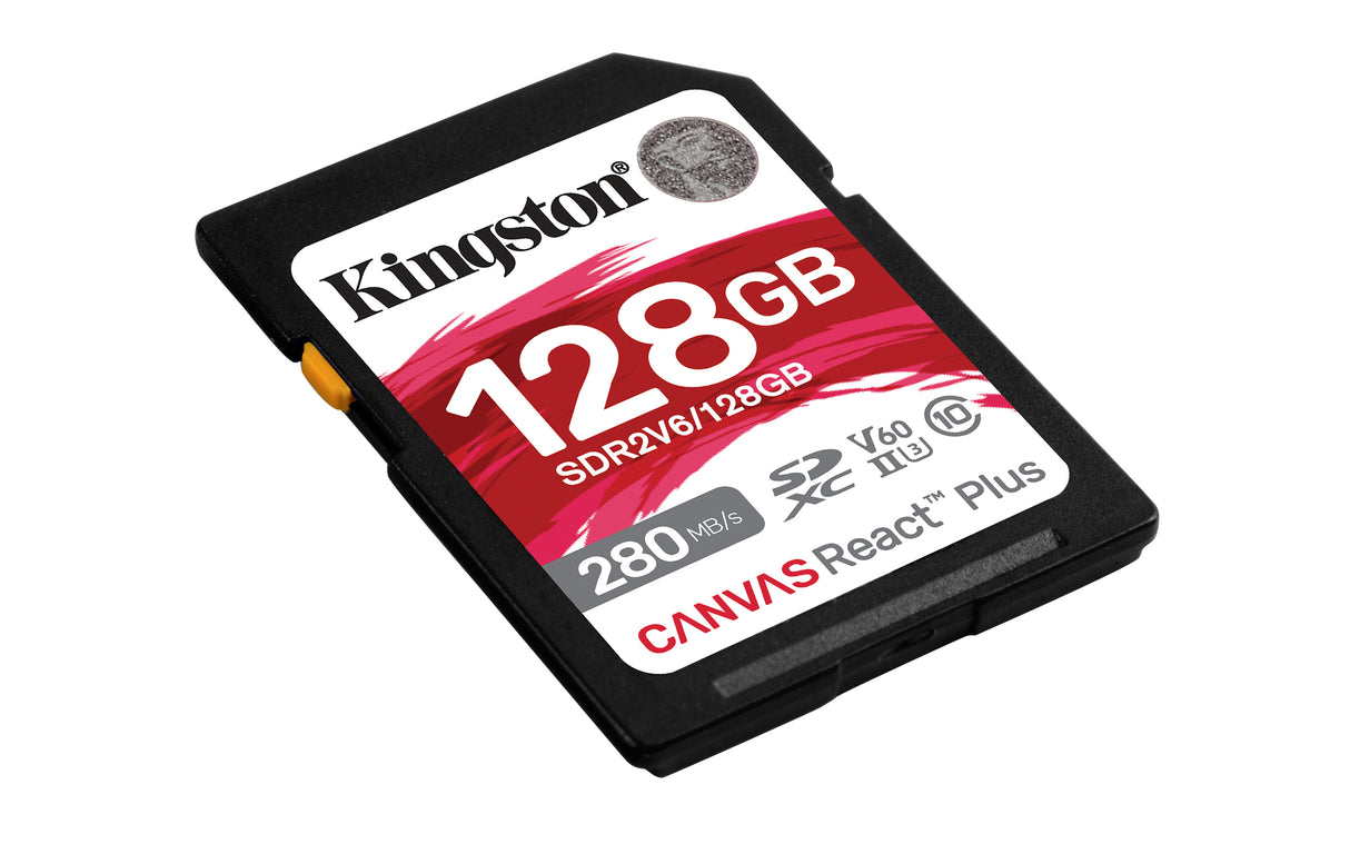 Kingston Technology 128 GB Canvas React Plus SDXC UHS-II 280R/100W U3 V60 til fuld HD/4K