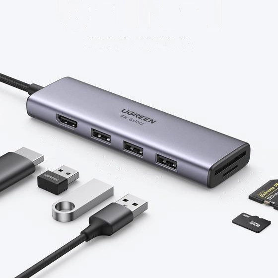 Ugreen multifunktionelle HUB USB Type C - 3x USB 3.2 Gen 1 / HDMI 4K 60Hz / SD og TF-kortlæser grå (60383 CM511)