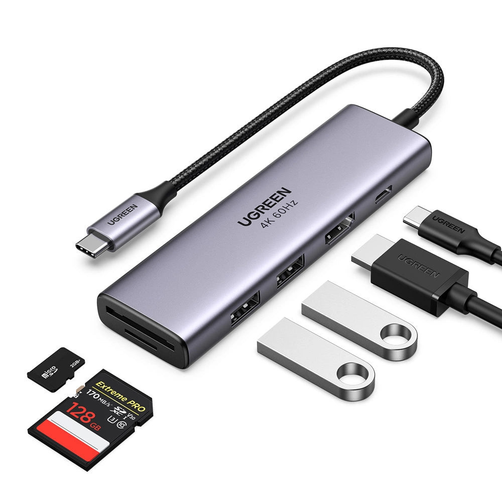 Ugreen 6in1 Multifunktionel USB Type C HUB - 2x USB 3.2 Gen 1 / HDMI 4K 60Hz / SD og TF Card Reader / USB Type C PD 100W Grå (60384 CM511)