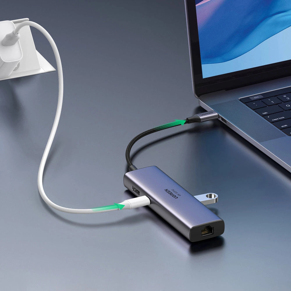 HUB 7in1 Ugreen CM512 USB-C / 2x USB-A 3.2 / HDMI 4K / SD TF-læser / USB-C PD 100W / RJ45 - grå