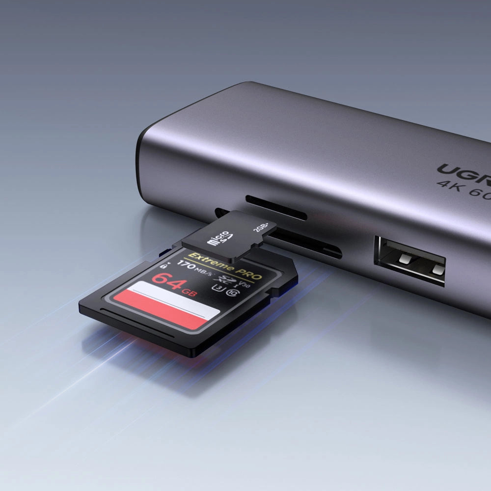 HUB 7in1 Ugreen CM512 USB-C / 2x USB-A 3.2 / HDMI 4K / SD TF-læser / USB-C PD 100W / RJ45 - grå