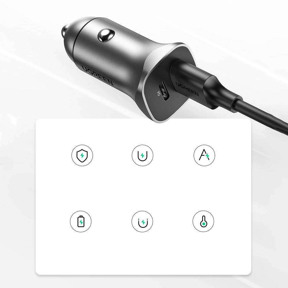 Ugreen Car Charger USB Type C / USB 24W Power Delivery Hurtig opladning Grå (30780)