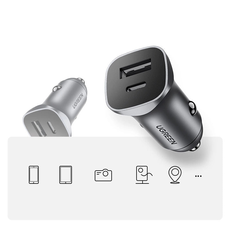Ugreen Car Charger USB Type C / USB 24W Power Delivery Hurtig opladning Grå (30780)