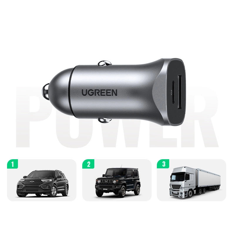 Ugreen Car Charger USB Type C / USB 24W Power Delivery Hurtig opladning Grå (30780)