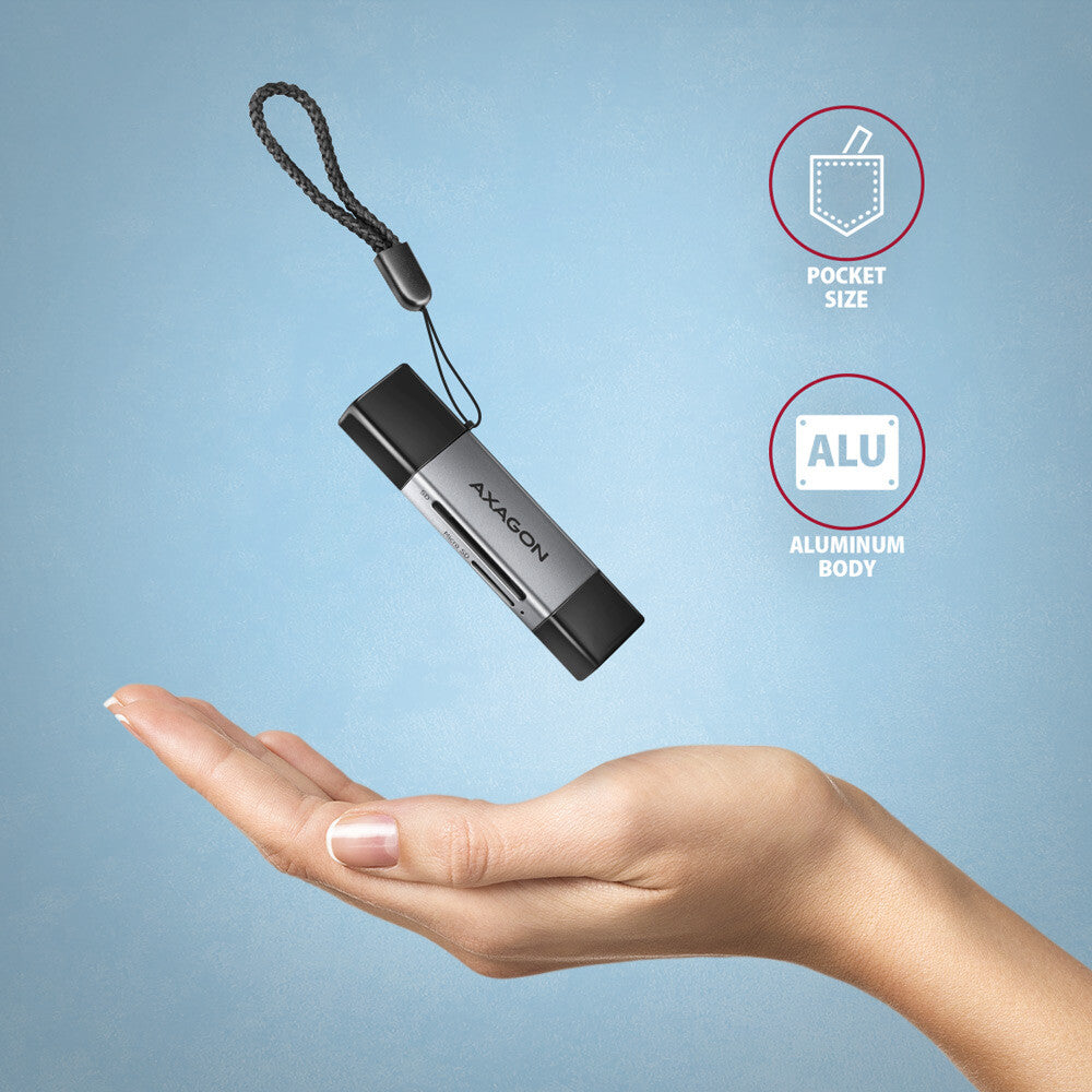 Axagon CRE-DAC USB-C+ USB-A 5 Gbps MINI card reader 2-slot & lun SD/microSD kortlæser USB 3.0 Type-A/Type-C Grå