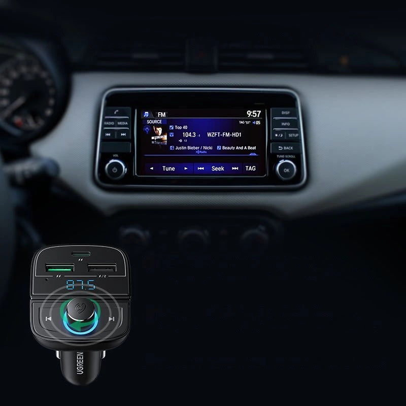 Ugreen FM Transmitter Bluetooth 5.0 MP3 bil oplader 3x USB TF micro SD 4.8 A sort (CD229)