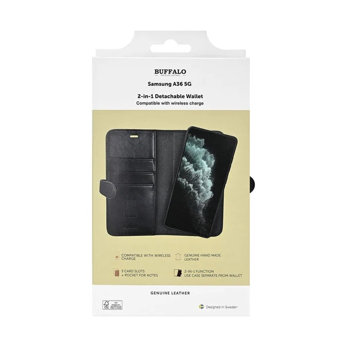 Samsung Galaxy A36 (5G) 2-in-1 Wallet Magnet Flip Cover m. Pung - Ægte Læder - Sort