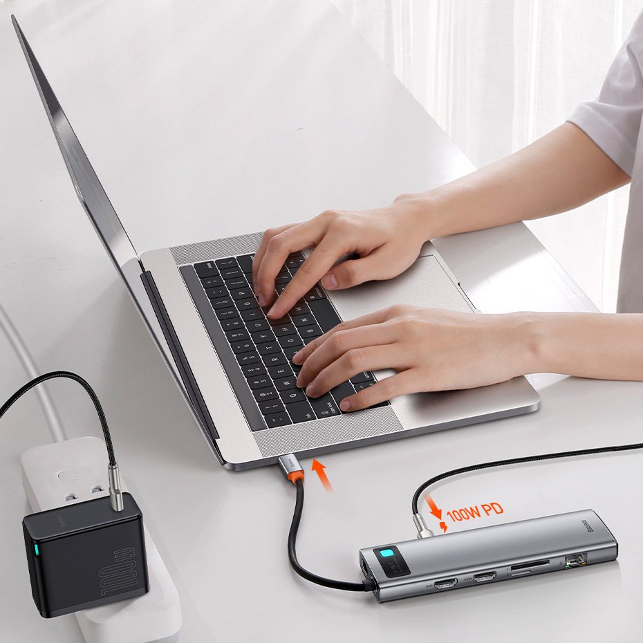 Baseus Metal Gleam 11in1 multifunctional USB Type C HUB - 3x USB 3.2 Gen 1 5Gbps / USB Type C PD 100W / 3.5 mm mini jack AUX / VGA Full HD 60Hz / 2x HDMI 4K 30Hz / TF and SD card reader / RJ45 1Gbps gray (CAHUB-CT0G)