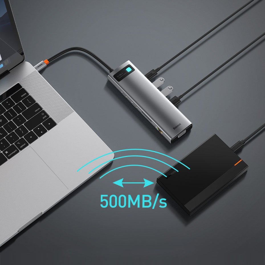 Baseus Metal Gleam 11in1 multifunctional USB Type C HUB - 3x USB 3.2 Gen 1 5Gbps / USB Type C PD 100W / 3.5 mm mini jack AUX / VGA Full HD 60Hz / 2x HDMI 4K 30Hz / TF and SD card reader / RJ45 1Gbps gray (CAHUB-CT0G)