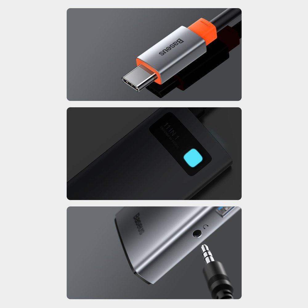 Baseus Metal Gleam 11in1 multifunctional USB Type C HUB - 3x USB 3.2 Gen 1 5Gbps / USB Type C PD 100W / 3.5 mm mini jack AUX / VGA Full HD 60Hz / 2x HDMI 4K 30Hz / TF and SD card reader / RJ45 1Gbps gray (CAHUB-CT0G)
