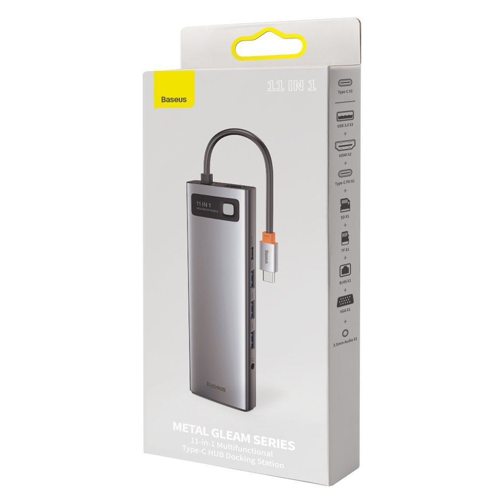 Baseus Metal Gleam 11in1 multifunctional USB Type C HUB - 3x USB 3.2 Gen 1 5Gbps / USB Type C PD 100W / 3.5 mm mini jack AUX / VGA Full HD 60Hz / 2x HDMI 4K 30Hz / TF and SD card reader / RJ45 1Gbps gray (CAHUB-CT0G)