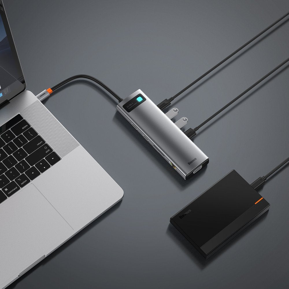 Baseus Metal Gleam 11in1 multifunctional USB Type C HUB - 3x USB 3.2 Gen 1 5Gbps / USB Type C PD 100W / 3.5 mm mini jack AUX / VGA Full HD 60Hz / 2x HDMI 4K 30Hz / TF and SD card reader / RJ45 1Gbps gray (CAHUB-CT0G)