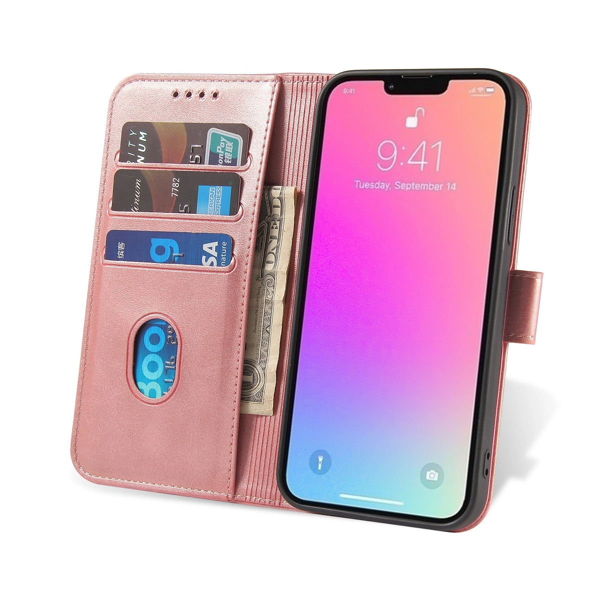 Magnet Case elegant bogreol type sag med kickstand til iPhone 13 Pro Max lyserød