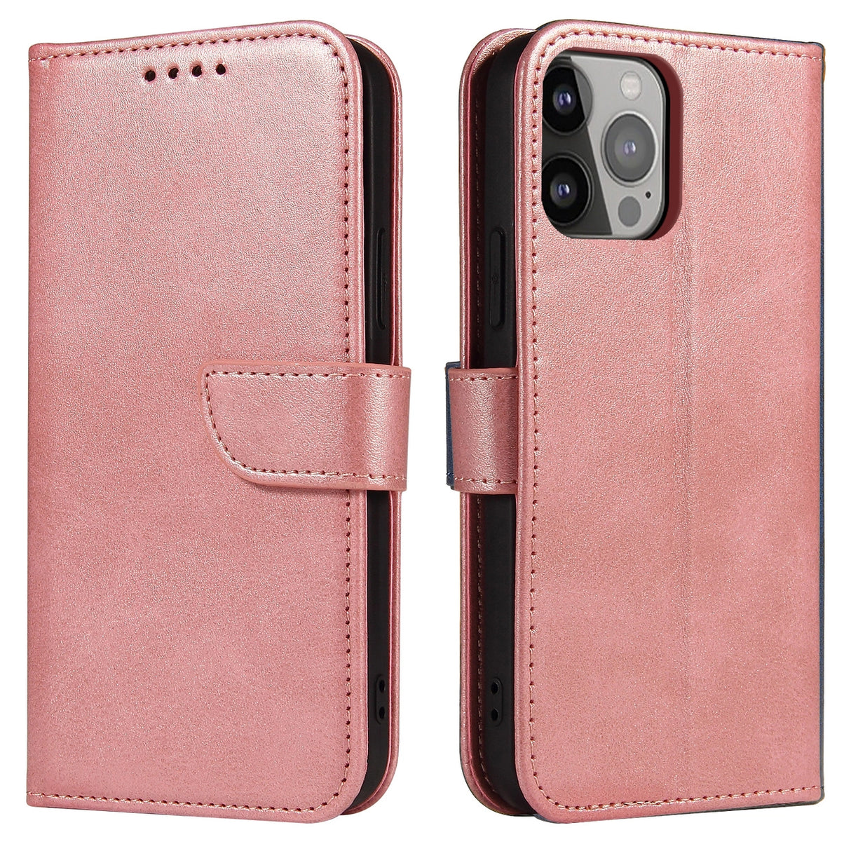 Magnet Case elegant bogreol type sag med kickstand til iPhone 13 Pro Max lyserød