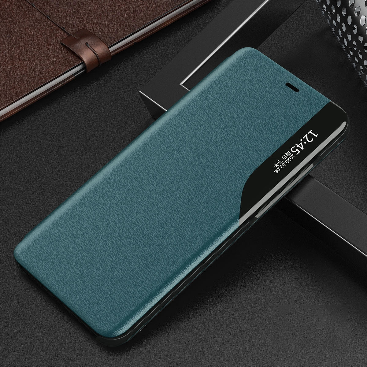 Eco Leather View Case elegant bogreol type sag med kickstand til iPhone 13 Pro Max grøn
