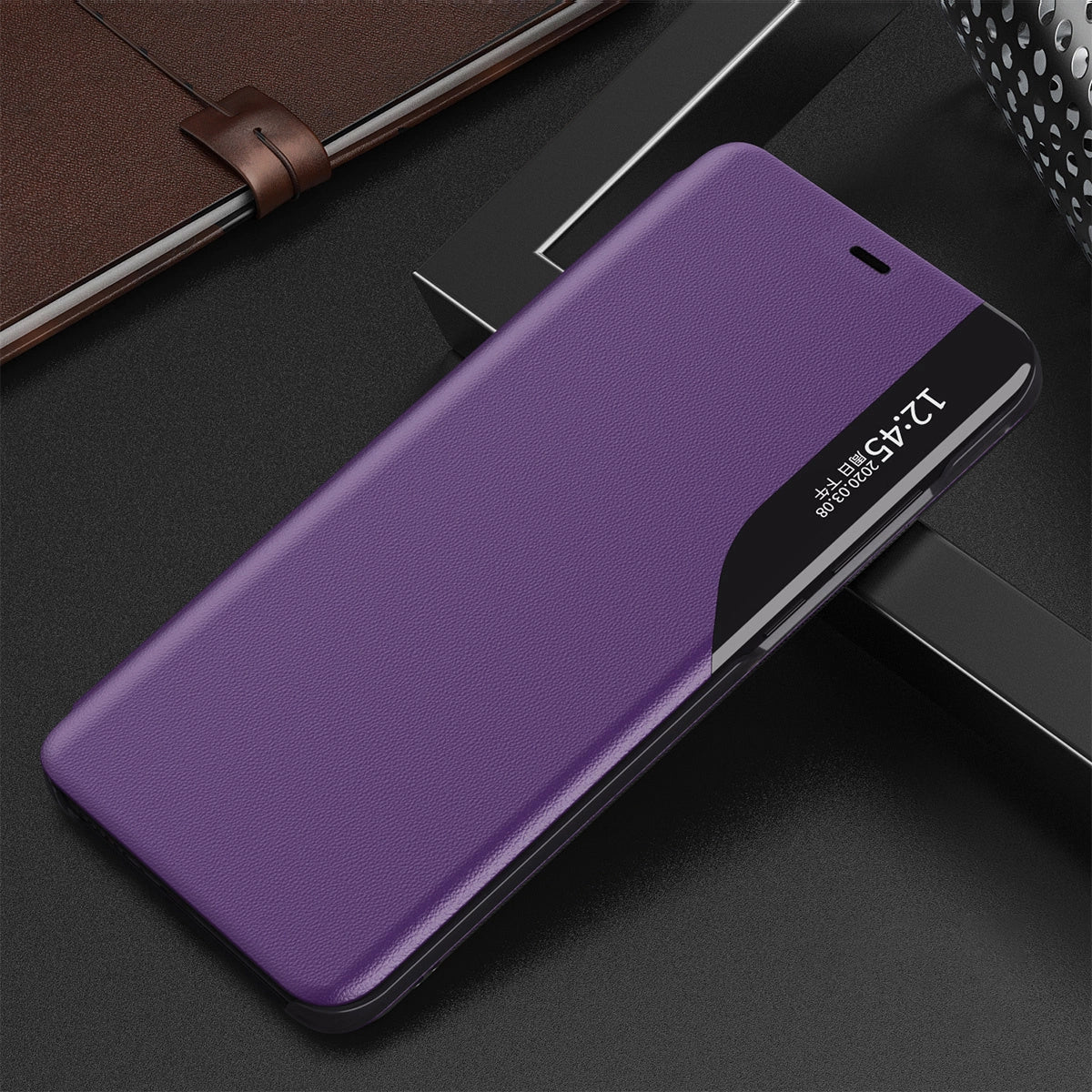 Eco Leather View Case elegant bogreol type sag med kickstand til iPhone 13 Pro Max lilla