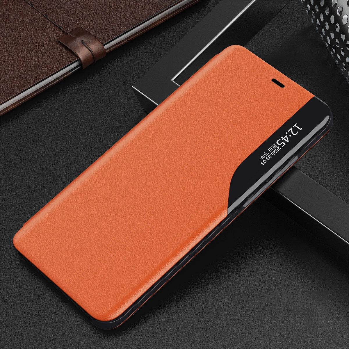 Eco Leather View Case elegant bogreol type sag med kickstand til iPhone 13 mini orange