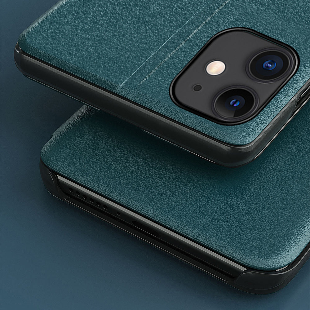 Eco Leather View Case elegant bogreol type case med kickstand til iPhone 13 mini orange