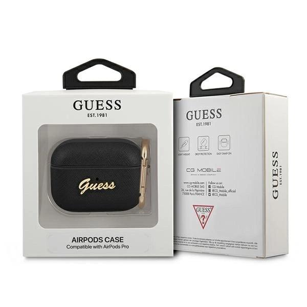 Guess GUAPSASMK AirPods Pro cover sort/sort Saffiano Script Metal Collection