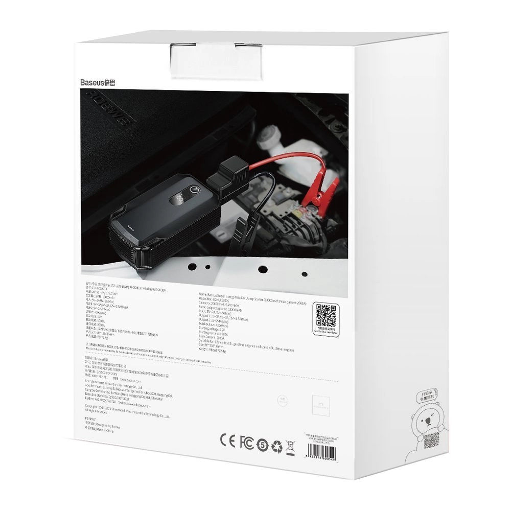 Baseus powerbank Power Starter Jump Starter start enhed booster 20000mAh 12V (2000A / 1000A) + krokodille klip kabler sort (CGNL020001)