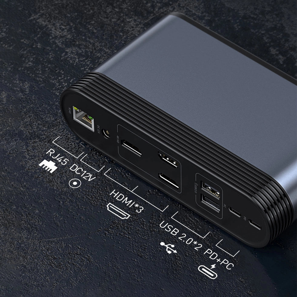 Baseus multifunktionelle HUB 3x USB 3.2 Gen 1 / 2x USB 2.0 / 2x USB Type C / SD og micro SD kortlæser / AUX / 3x HDMI / RJ45 1Gbps Strømforsyning 100W (EU / CN / UK stik) grå (CAHUB-DG0G)