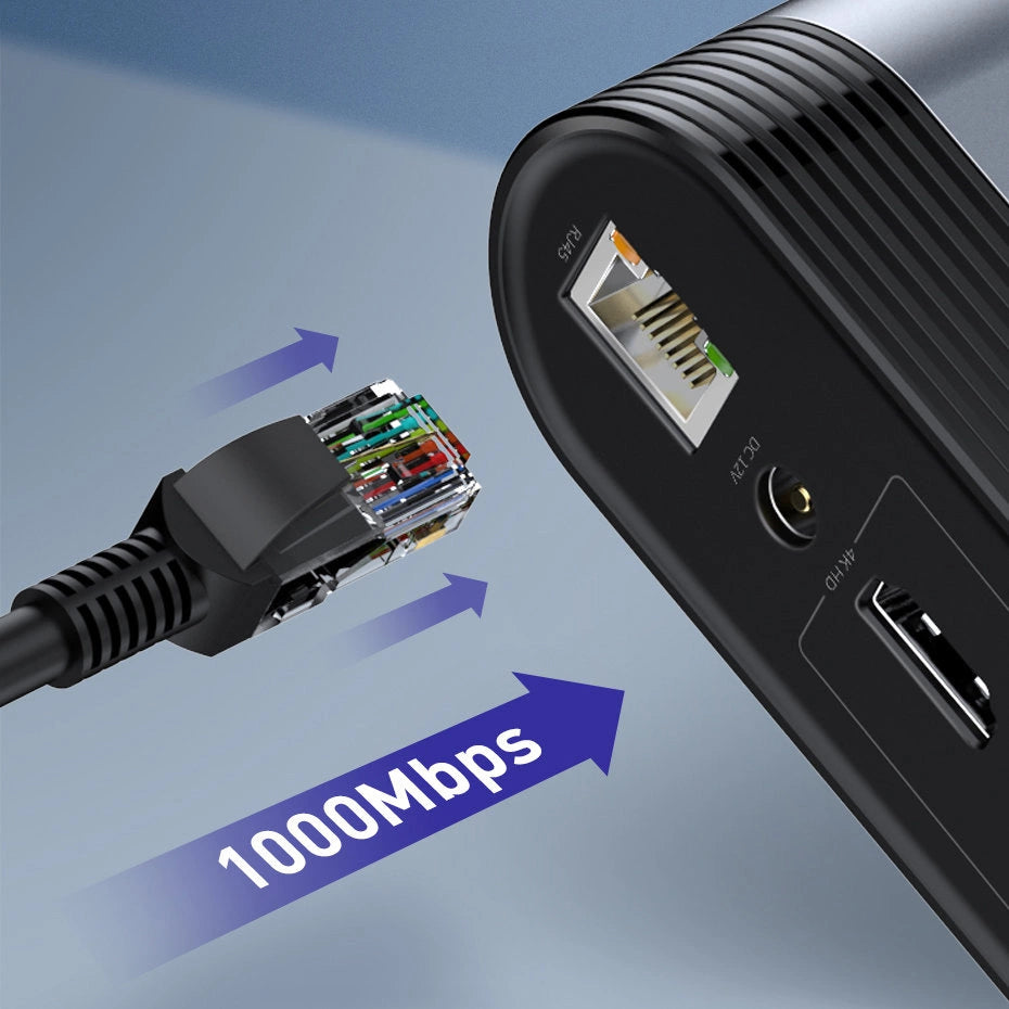 Baseus multifunktionelle HUB 3x USB 3.2 Gen 1 / 2x USB 2.0 / 2x USB Type C / SD og micro SD kortlæser / AUX / 3x HDMI / RJ45 1Gbps Strømforsyning 100W (EU / CN / UK stik) grå (CAHUB-DG0G)