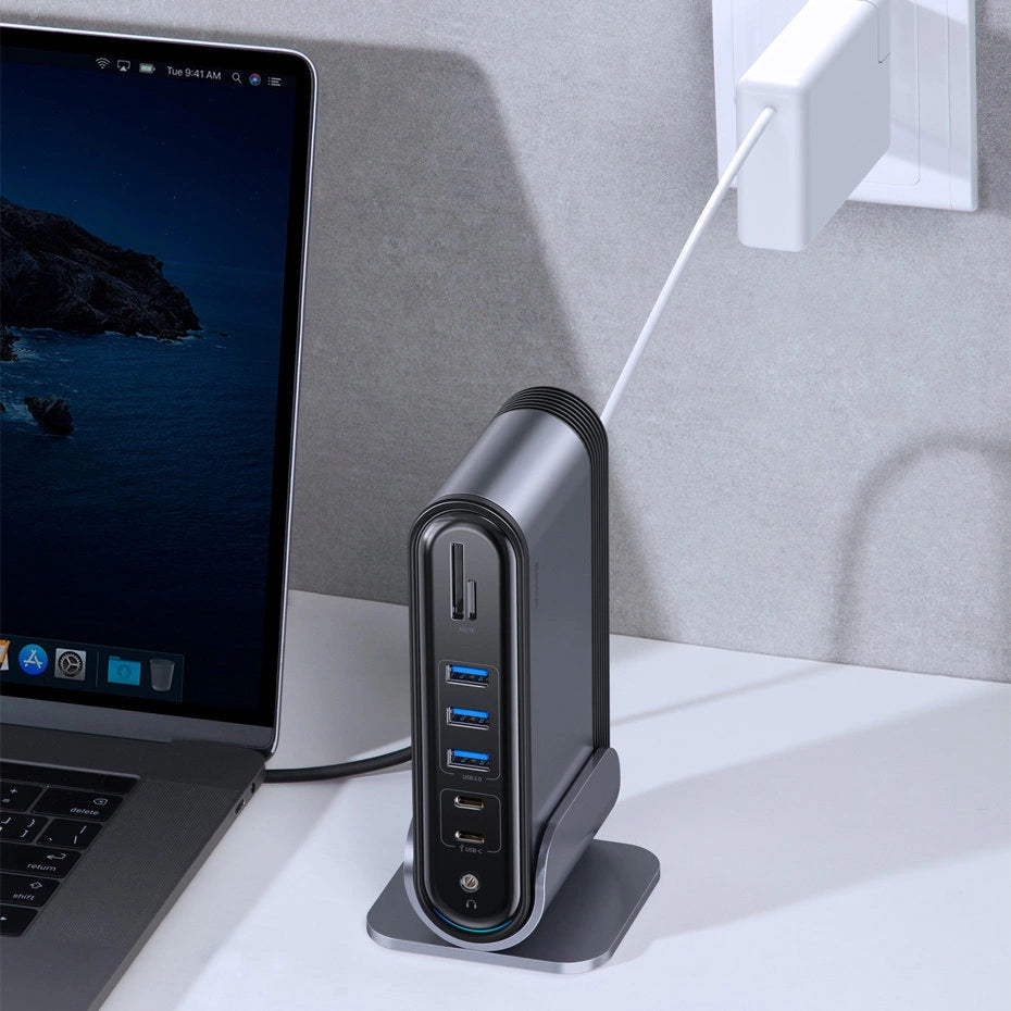 Baseus multifunktionelle HUB 3x USB 3.2 Gen 1 / 2x USB 2.0 / 2x USB Type C / SD og micro SD kortlæser / AUX / 3x HDMI / RJ45 1Gbps Strømforsyning 100W (EU / CN / UK stik) grå (CAHUB-DG0G)