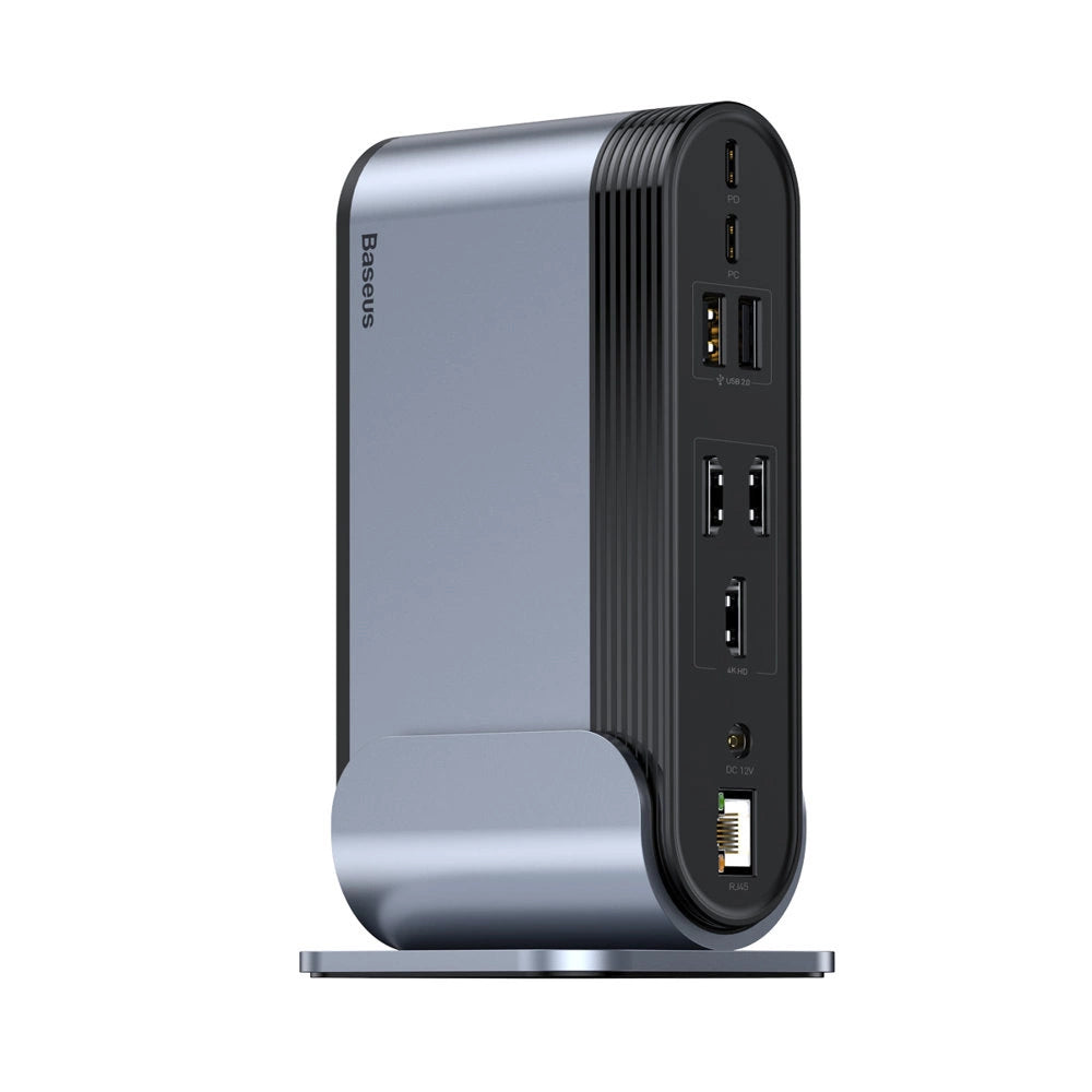 Baseus multifunktionelle HUB 3x USB 3.2 Gen 1 / 2x USB 2.0 / 2x USB Type C / SD og micro SD kortlæser / AUX / 3x HDMI / RJ45 1Gbps Strømforsyning 100W (EU / CN / UK stik) grå (CAHUB-DG0G)