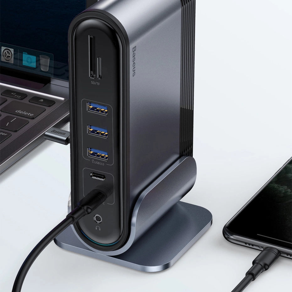 Baseus multifunktionelle HUB 3x USB 3.2 Gen 1 / 2x USB 2.0 / 2x USB Type C / SD og micro SD kortlæser / AUX / 3x HDMI / RJ45 1Gbps Strømforsyning 100W (EU / CN / UK stik) grå (CAHUB-DG0G)
