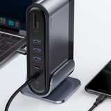 Baseus multifunktionelle HUB 3x USB 3.2 Gen 1 / 2x USB 2.0 / 2x USB Type C / SD og micro SD kortlæser / AUX / 3x HDMI / RJ45 1Gbps Strømforsyning 100W (EU / CN / UK stik) grå (CAHUB-DG0G)