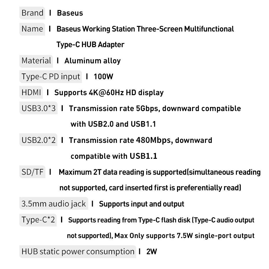 Baseus multifunktionelle HUB 3x USB 3.2 Gen 1 / 2x USB 2.0 / 2x USB Type C / SD og micro SD kortlæser / AUX / 3x HDMI / RJ45 1Gbps Strømforsyning 100W (EU / CN / UK stik) grå (CAHUB-DG0G)
