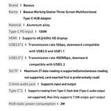 Baseus multifunktionelle HUB 3x USB 3.2 Gen 1 / 2x USB 2.0 / 2x USB Type C / SD og micro SD kortlæser / AUX / 3x HDMI / RJ45 1Gbps Strømforsyning 100W (EU / CN / UK stik) grå (CAHUB-DG0G)