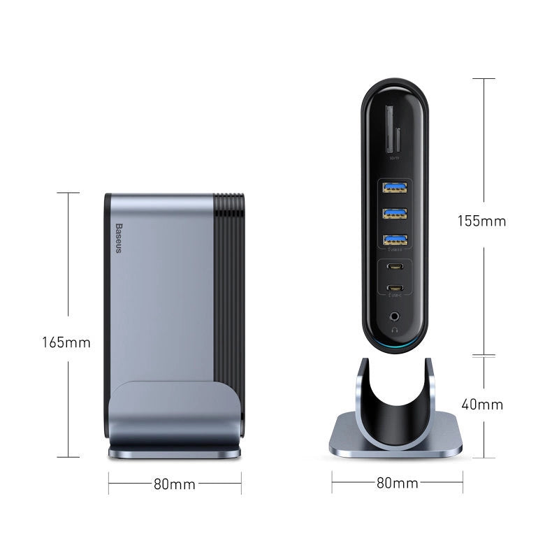 Baseus multifunktionelle HUB 3x USB 3.2 Gen 1 / 2x USB 2.0 / 2x USB Type C / SD og micro SD kortlæser / AUX / 3x HDMI / RJ45 1Gbps Strømforsyning 100W (EU / CN / UK stik) grå (CAHUB-DG0G)