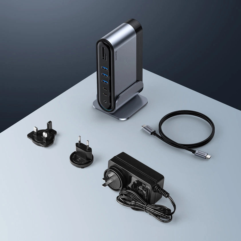 Baseus multifunktionelle HUB 3x USB 3.2 Gen 1 / 2x USB 2.0 / 2x USB Type C / SD og micro SD kortlæser / AUX / 3x HDMI / RJ45 1Gbps Strømforsyning 100W (EU / CN / UK stik) grå (CAHUB-DG0G)