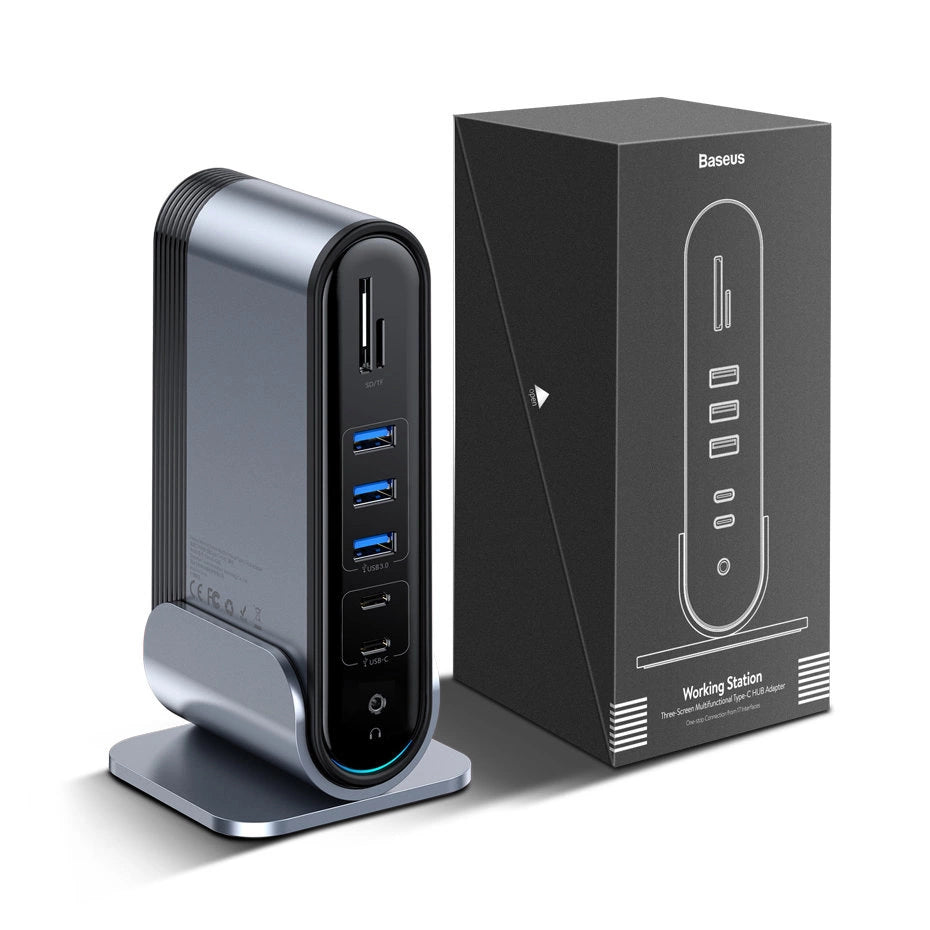 Baseus multifunktionelle HUB 3x USB 3.2 Gen 1 / 2x USB 2.0 / 2x USB Type C / SD og micro SD kortlæser / AUX / 3x HDMI / RJ45 1Gbps Strømforsyning 100W (EU / CN / UK stik) grå (CAHUB-DG0G)