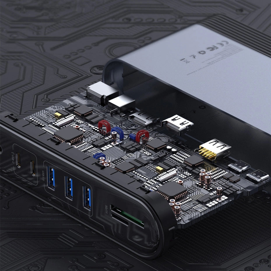 Baseus multifunktionelle HUB 3x USB 3.2 Gen 1 / 2x USB 2.0 / 2x USB Type C / SD og micro SD kortlæser / AUX / 3x HDMI / RJ45 1Gbps Strømforsyning 100W (EU / CN / UK stik) grå (CAHUB-DG0G)